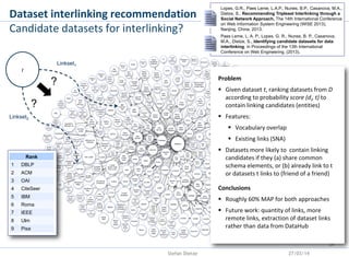 Stefan Dietze 27/03/14
Dataset interlinking recommendation
Candidate datasets for interlinking?
34
t
Linkset1
Linkset2
Pro...