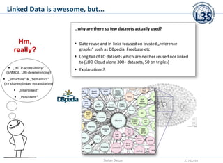 …why are there so few datasets actually used?
 Date reuse and in-links focused on trusted „reference
graphs“ such as DBpe...