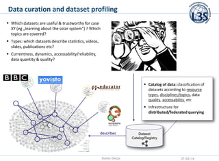 Data curation and dataset profiling
Dataset
Catalog/Registry
Stefan Dietze 27/03/14
 Catalog of data: classification of
d...