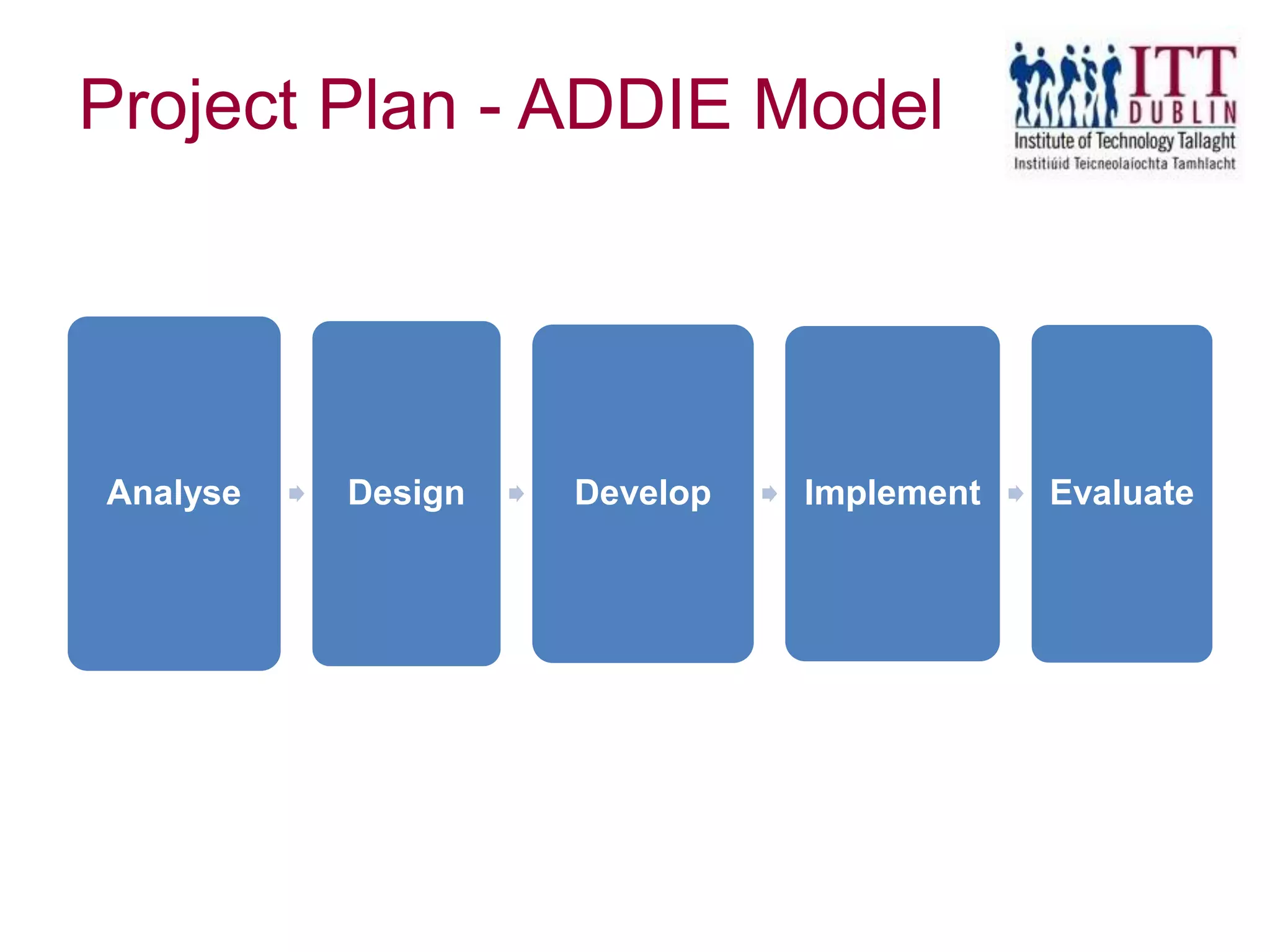Project Plan - ADDIE Model
Analyse Design Develop Implement Evaluate
 
