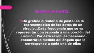 GRAFICA DE PASTEL
Un grafico circular o de pastel es la
representación de los datos de un
circulo…Cada frecuencia que se va
representar corresponde a una porción del
circulo… Por esta razón, es necesario
encontrar la medida del ángulo que le
corresponde a cada una de ellas
 