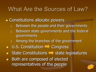 What Are the Sources of Law?
   Constitutions allocate powers
    1.   Between the people and their governments
    2.   Between state governments and the federal
         governments
    3.   Among the branches of the government
    U.S. Constitution    Congress
    State Constitutions    state legislatures
    Both are composed of elected
     representatives of the people
 