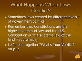 What Happens When Laws
            Conflict?
   Sometimes laws created by different levels
    of government conflict
   Remember that Constitutions are the
    highest sources of law and the U.S.
    Constitution is “the supreme law of the
    land” (supremacy)
   Let’s read together “What’s Your Verdict?”
    on p12
 
