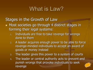 What is Law?
Stages in the Growth of Law
   Most societies go through 4 distinct stages in
    forming their legal systems:
    1.   Individuals are free to take revenge for wrongs
         done to them
    2.   A leader acquires enough power to be able to force
         revenge-minded individuals to accept an award of
         goods or money instead
    3.   The leader gives this power to a system of courts
    4.   The leader or central authority acts to prevent and
         punish wrongs that provoke individuals to seek
         revenge
 