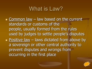 What is Law?
   Common law – law based on the current
    standards or customs of the
    people, usually formed from the rules
    used by judges to settle people’s disputes
   Positive law – laws dictated from above by
    a sovereign or other central authority to
    prevent disputes and wrongs from
    occurring in the first place
 