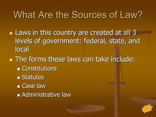 What Are the Sources of Law?
   Laws in this country are created at all 3
    levels of government: federal, state, and
    local
   The forms these laws can take include:
       Constitutions
       Statutes
       Case law
       Administrative law
 