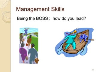 Management Skills
Being the BOSS : how do you lead?




                                    26
 