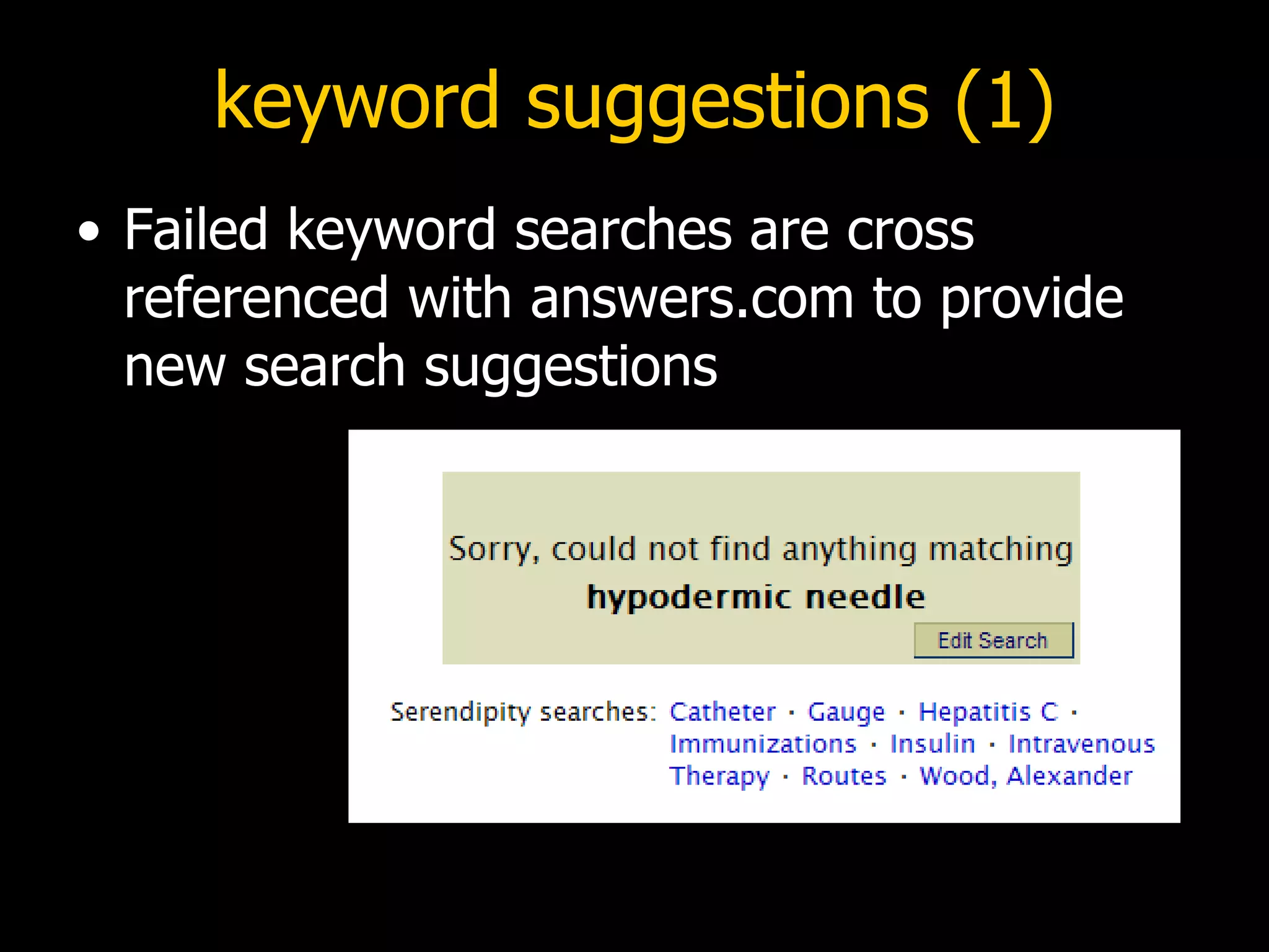 keyword suggestions (1) Failed keyword searches are cross referenced with answers.com to provide new search suggestions 