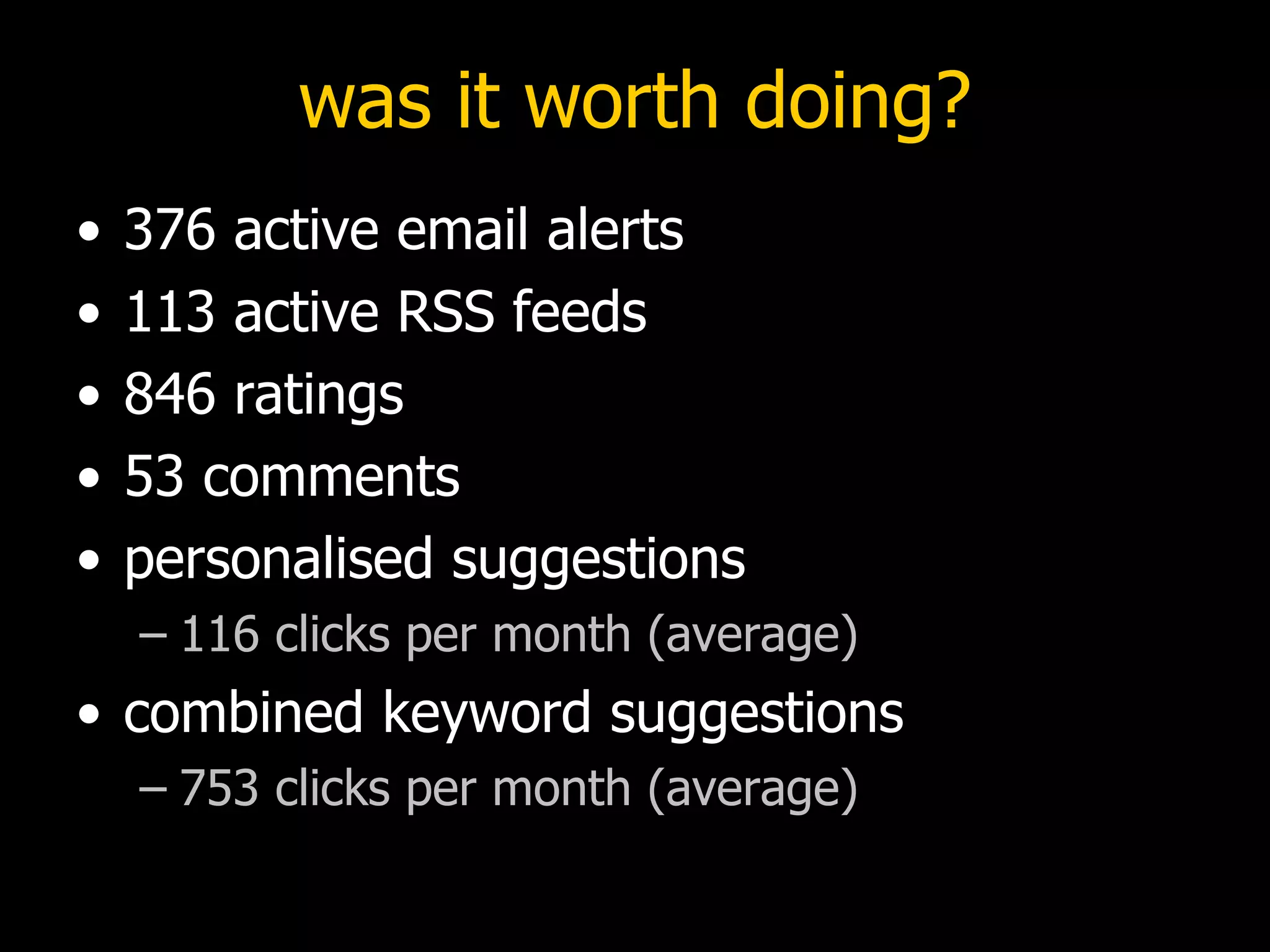 was it worth doing? 376 active email alerts 113 active RSS feeds 846 ratings 53 comments personalised suggestions  116 clicks per month (average) combined keyword suggestions  753 clicks per month (average) 