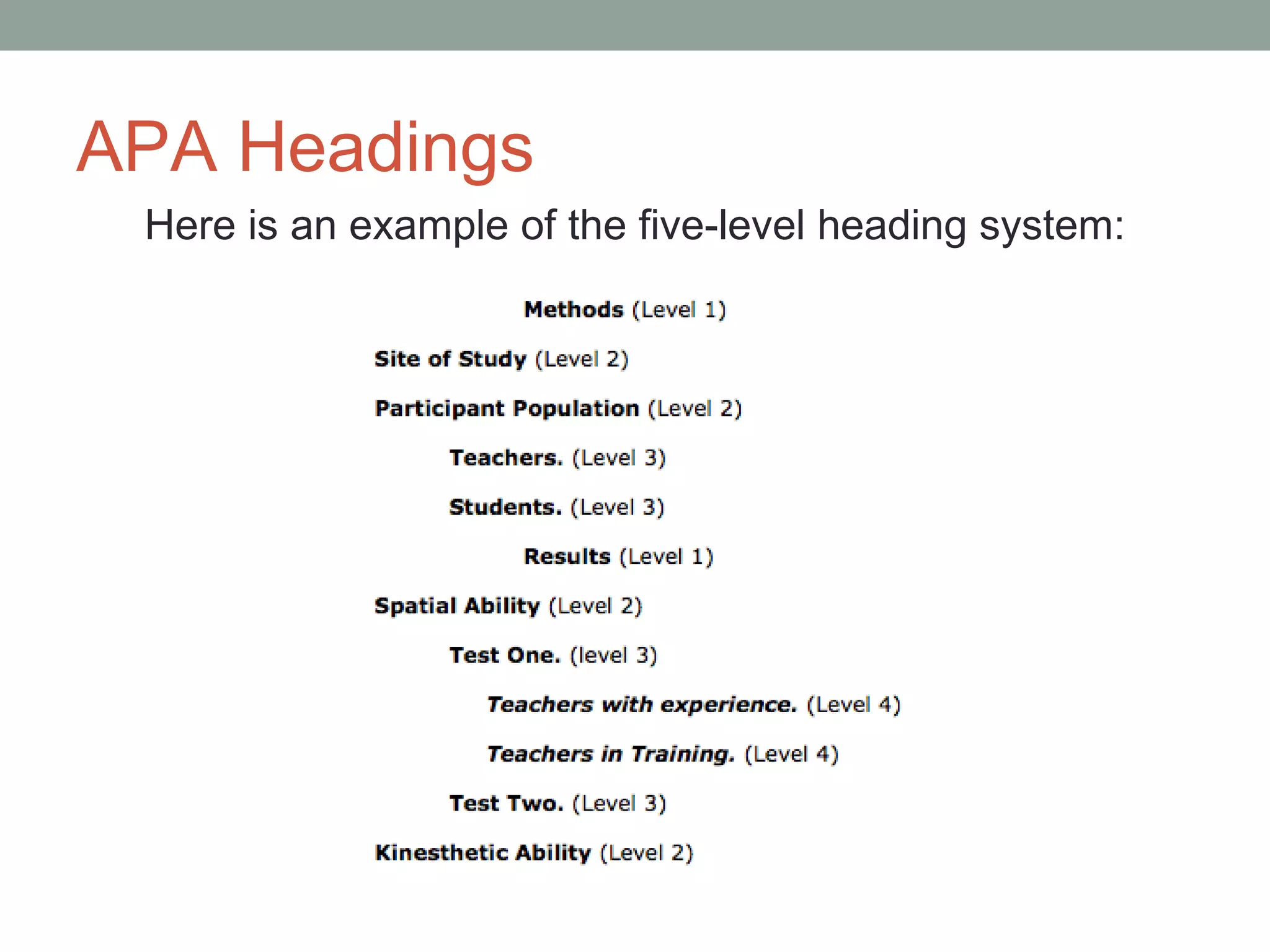 APA Headings
 Here is an example of the five-level heading system:
 