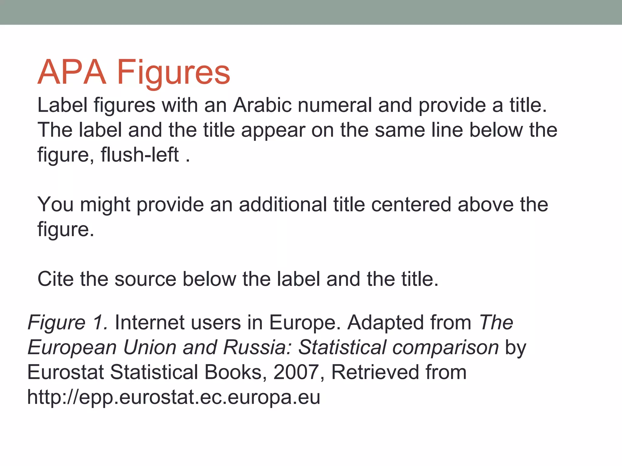 APA Figures
 Label figures with an Arabic numeral and provide a title.
 The label and the title appear on the same line below the
 figure, flush-left .

 You might provide an additional title centered above the
 figure.

 Cite the source below the label and the title.

Figure 1. Internet users in Europe. Adapted from The
European Union and Russia: Statistical comparison by
Eurostat Statistical Books, 2007, Retrieved from
http://epp.eurostat.ec.europa.eu
 