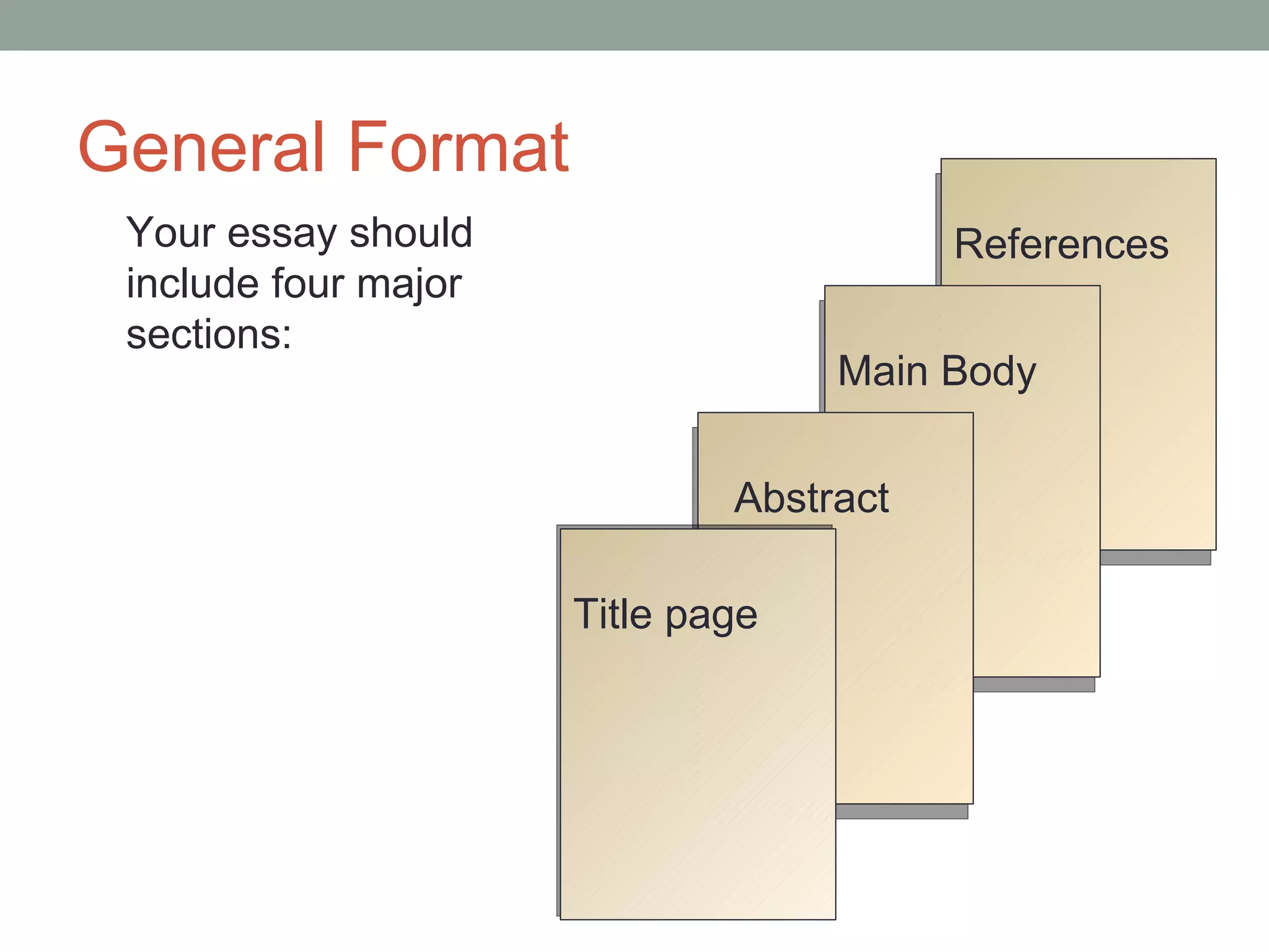 General Format
 Your essay should                       References
 include four major
 sections:
                                   Main Body


                              Abstract

                      Title page
 
