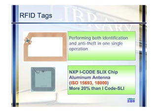 RFID Tags
Performing both identification
and anti-theft in one single
operation
NXP I-CODE SLIX Chip
Aluminum Antenna
(ISO 15693, 18000)
More 20% than I Code-SLI
 