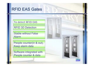 RFID EAS Gates
To detect RFID EAS
RFID 3D Detection
Stable without False
Alarm
People counter(in & out),
Keep alarm data
Software integrated with
People counter & data
 