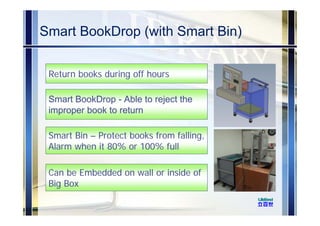 Smart BookDrop (with Smart Bin)
Return books during off hours
Smart BookDrop - Able to reject the
improper book to return
Smart Bin – Protect books from falling,
Alarm when it 80% or 100% full
Can be Embedded on wall or inside of
Big Box
 
