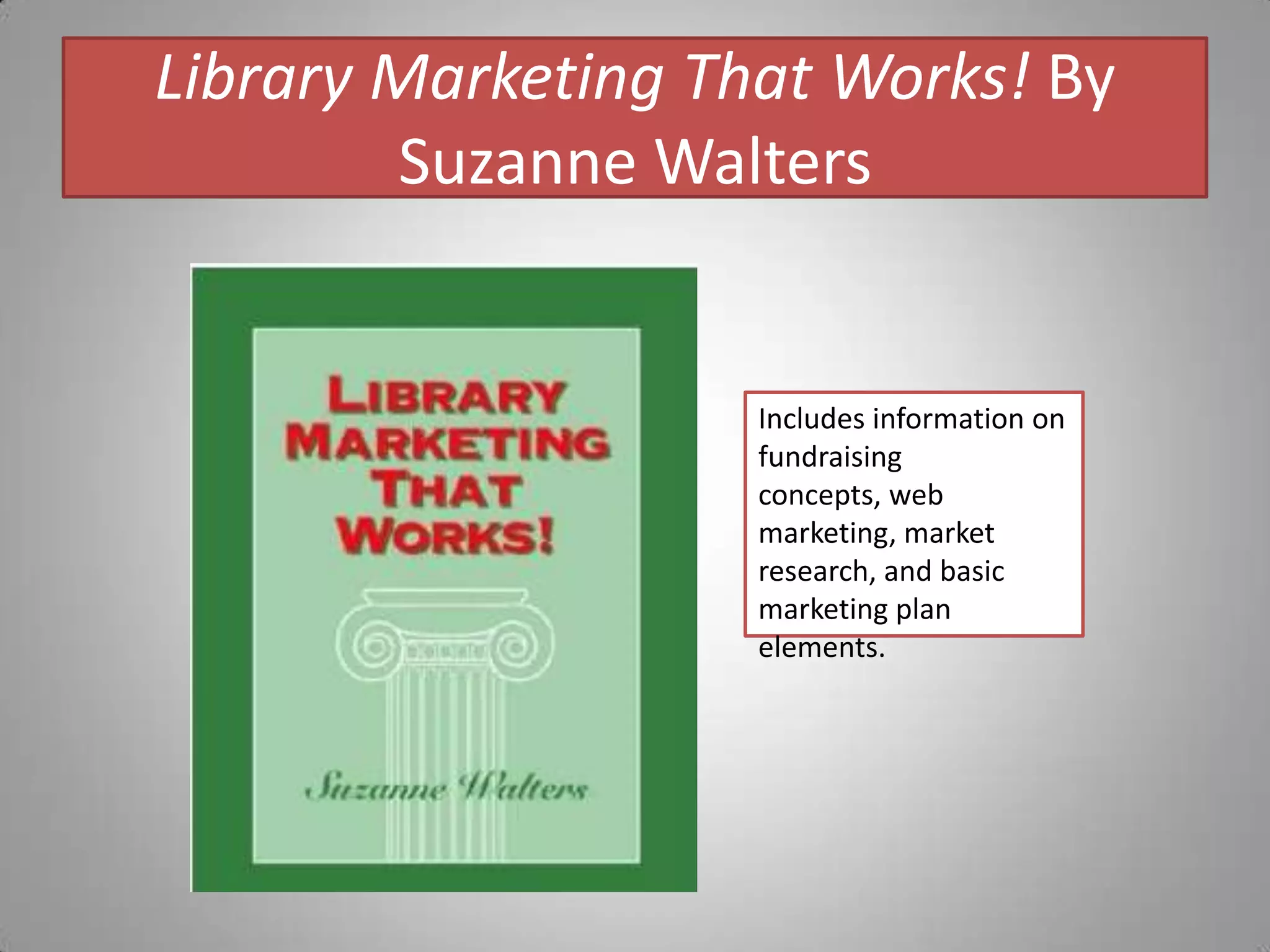 Library Marketing That Works! By Suzanne WaltersIncludes information on fundraising concepts, web marketing, market research, and basic marketing plan elements.