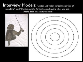 Interview Models:  “Wider and wider concentric circles of searching”  and “Putting out the fishing line and seeing what you get—where does that lead you next?” 
