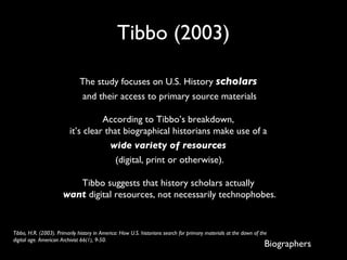 Tibbo (2003) The study focuses on U.S. History  scholars   and their access to primary source materials According to Tibbo’s breakdown,  it’s clear that biographical historians make use of a  wide variety of resources  (digital, print or otherwise). Tibbo suggests that history scholars actually  want  digital resources, not necessarily technophobes. Biographers Tibbo, H.R. (2003). Primarily history in America: How U.S. historians search for primary materials at the dawn of the digital age. American Archivist 66(1), 9-50. 