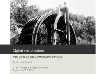 Digital Infrastructure
From Storage to Content Management Systems
By Noreen Whysel
LIS 665: Projects in Digital Archives
September 25, 2013
 