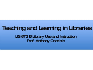 Teaching and Learning in Libraries LIS 673 – Library Use and Instruction Prof. Anthony Cocciolo 