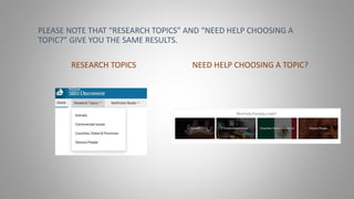 PLEASE NOTE THAT “RESEARCH TOPICS” AND “NEED HELP CHOOSING A
TOPIC?” GIVE YOU THE SAME RESULTS.
RESEARCH TOPICS NEED HELP CHOOSING A TOPIC?
 