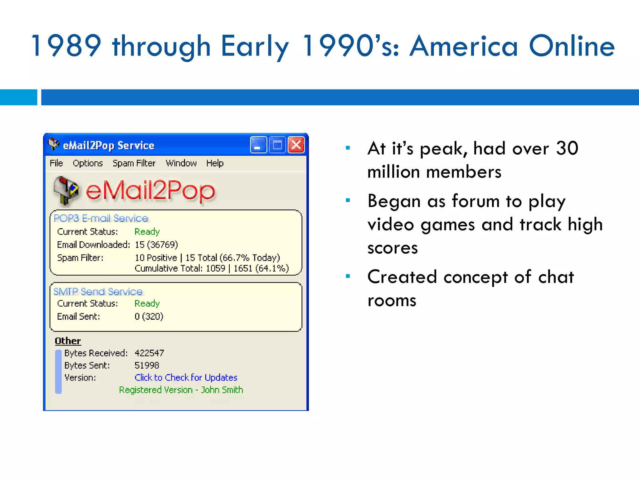 1989 through Early 1990’s: America Online At it’s peak, had over 30 million members Began as forum to play video games and track high scores  Created concept of chat rooms  