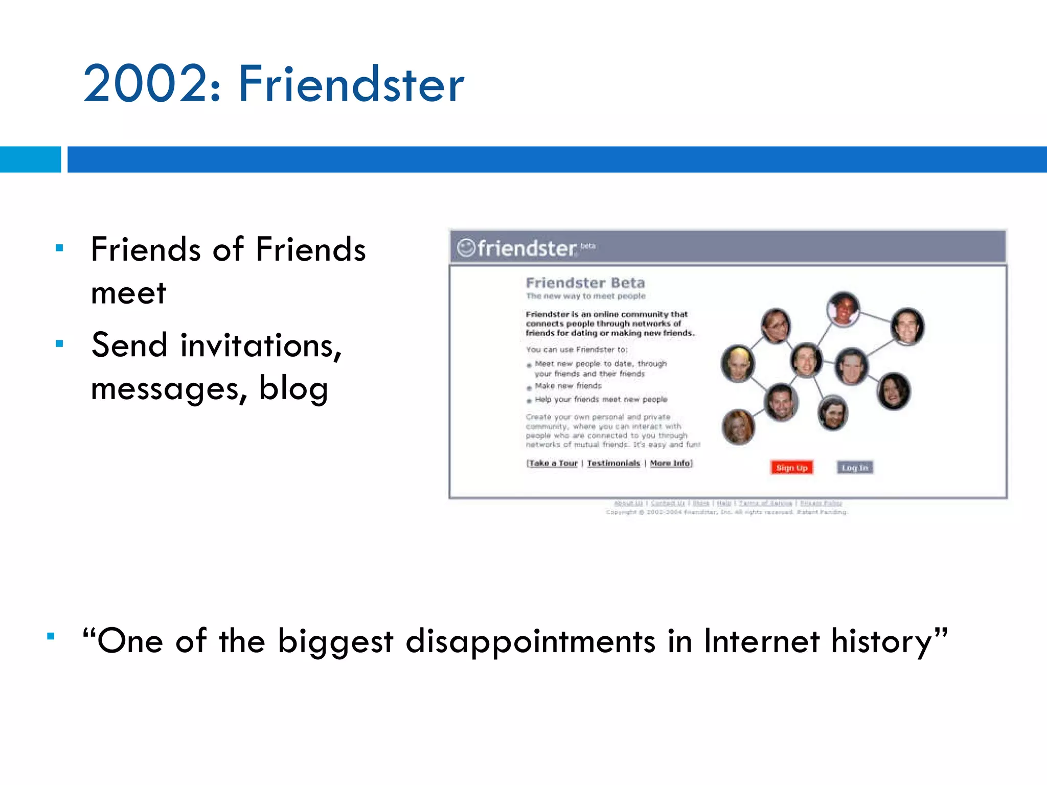 2002: Friendster Friends of Friends meet Send invitations, messages, blog “ One of the biggest disappointments in Internet history” 