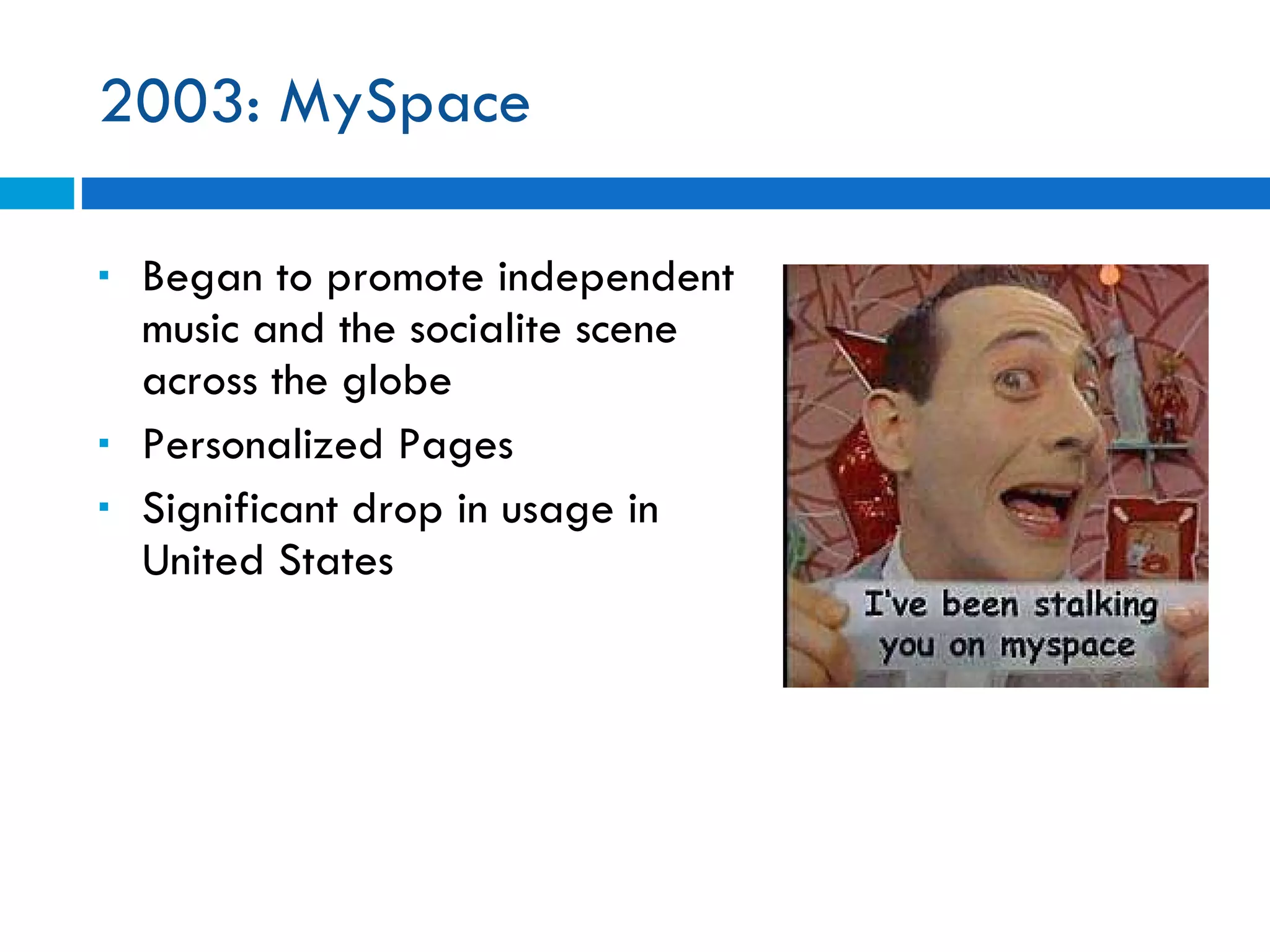 2003: MySpace Began to promote independent music and the socialite scene across the globe Personalized Pages  Significant drop in usage in United States 