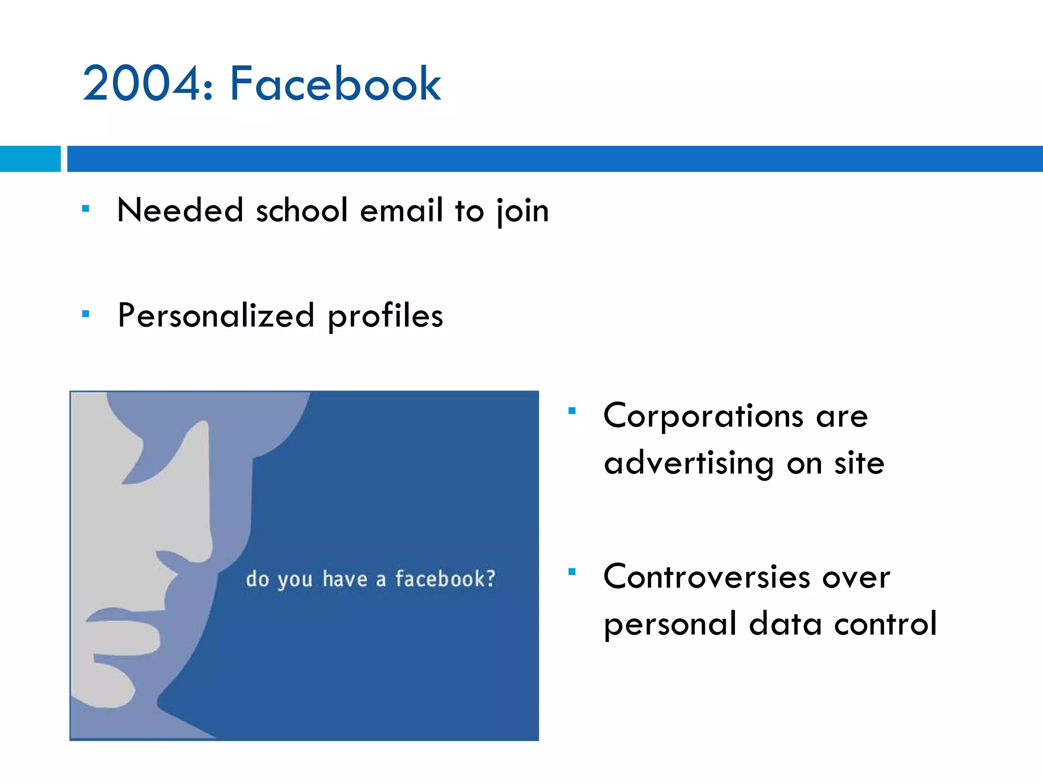 2004: Facebook Needed school email to join Personalized profiles Corporations are advertising on site Controversies over personal data control 