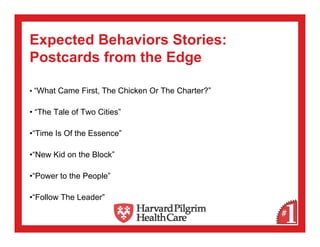 Expected Behaviors Stories:
Postcards from the Edge

• “What Came First, The Chicken Or The Charter?”

• “The Tale of Two Cities”

•“Time Is Of the Essence”

•“New Kid on the Block”

•“Power to the People”

•“Follow The Leader”
 