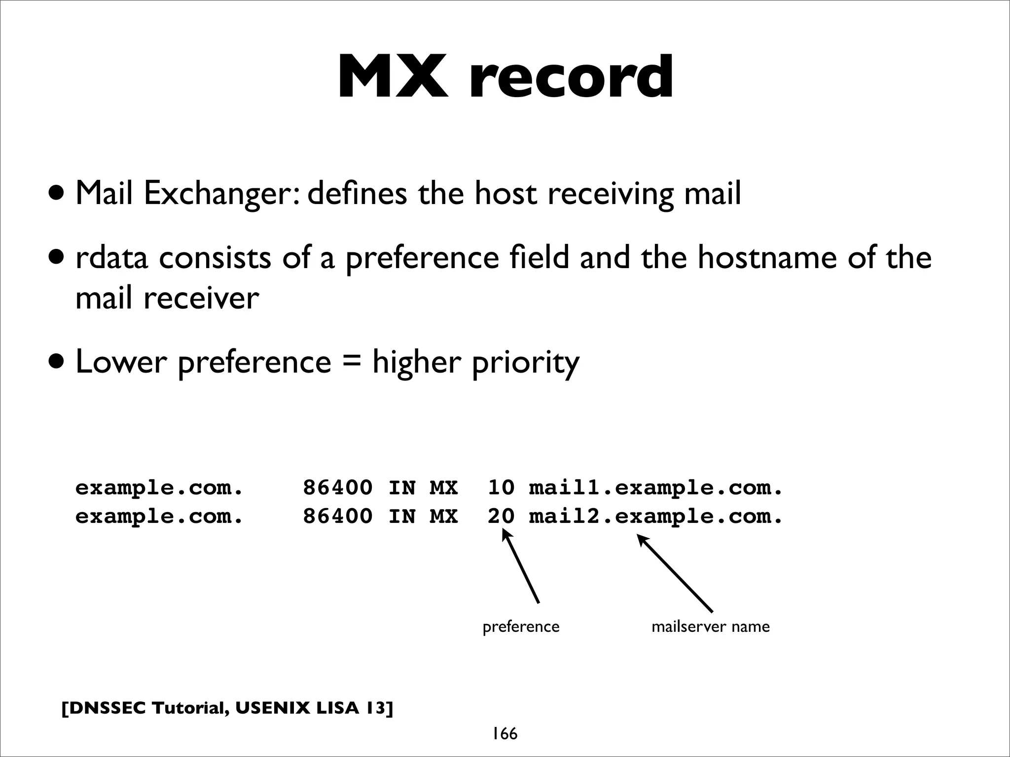[DNSSEC Tutorial, USENIX LISA 13]
MX record
166
example.com. 86400 IN MX 10 mail1.example.com.
example.com. 86400 IN MX 20 mail2.example.com.
•Mail Exchanger: deﬁnes the host receiving mail
•rdata consists of a preference ﬁeld and the hostname of the
mail receiver
•Lower preference = higher priority
preference mailserver name
 