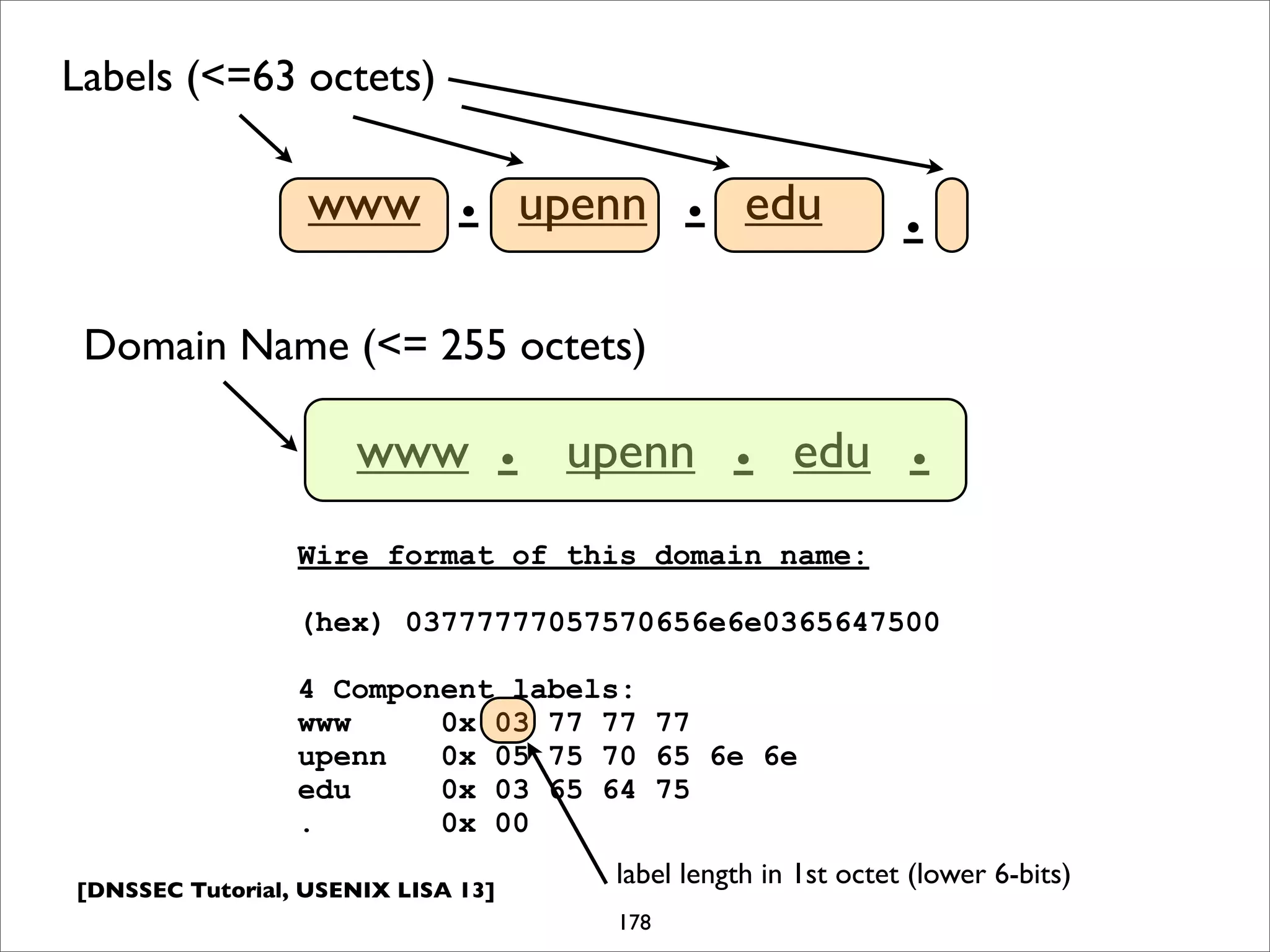 [DNSSEC Tutorial, USENIX LISA 13]
.
www . upenn edu.
www . upenn edu.
Labels (<=63 octets)
Domain Name (<= 255 octets)
Wire format of this domain name:
(hex) 03777777057570656e6e0365647500
4 Component labels:
www 0x 03 77 77 77
upenn 0x 05 75 70 65 6e 6e
edu 0x 03 65 64 75
. 0x 00
label length in 1st octet (lower 6-bits)
.
178
 