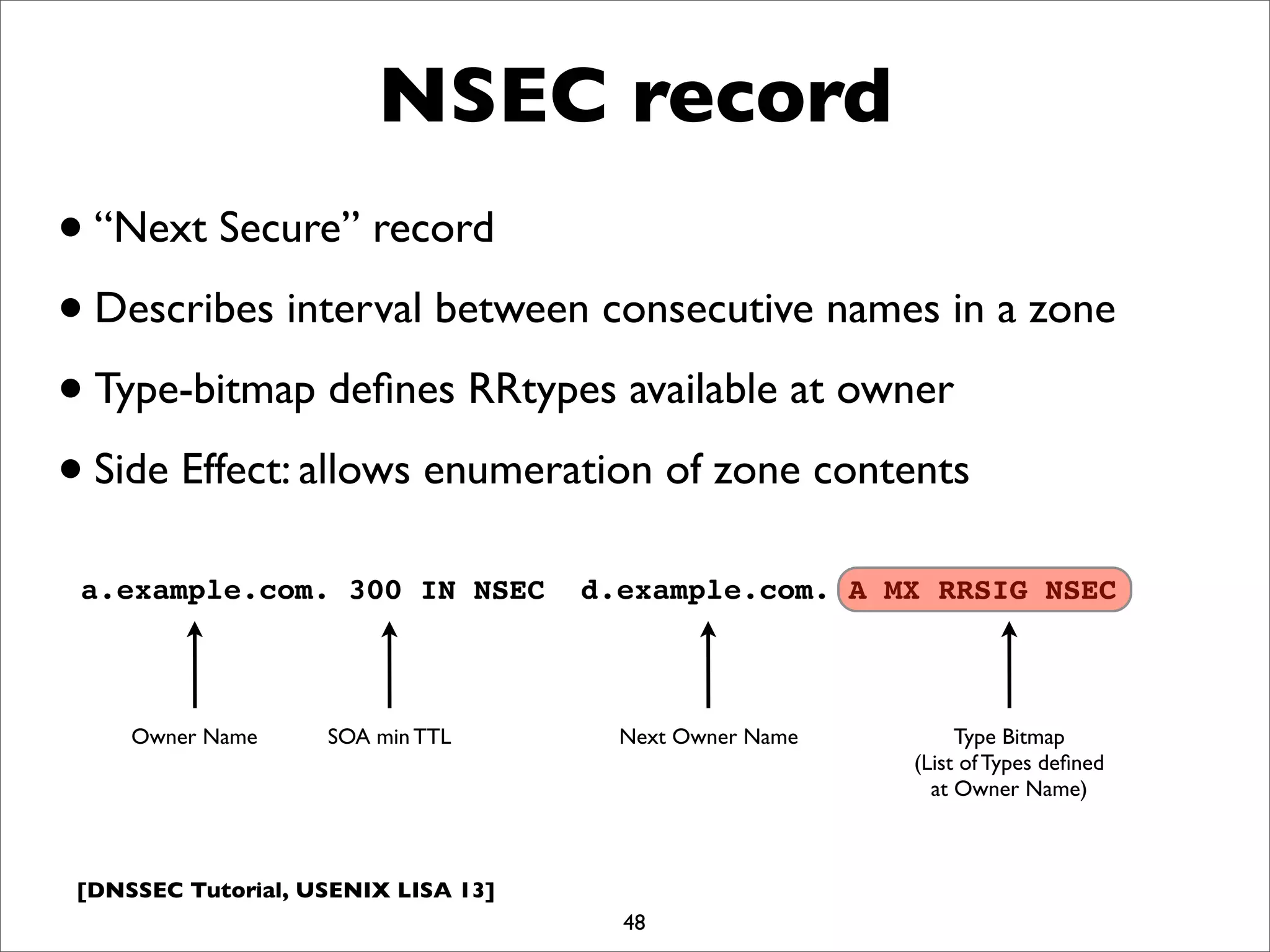 [DNSSEC Tutorial, USENIX LISA 13]
NSEC record
48
a.example.com. 300 IN NSEC d.example.com. A MX RRSIG NSEC
•“Next Secure” record
•Describes interval between consecutive names in a zone
•Type-bitmap deﬁnes RRtypes available at owner
•Side Effect: allows enumeration of zone contents
Next Owner Name Type Bitmap
(List of Types deﬁned
at Owner Name)
Owner Name SOA min TTL
 