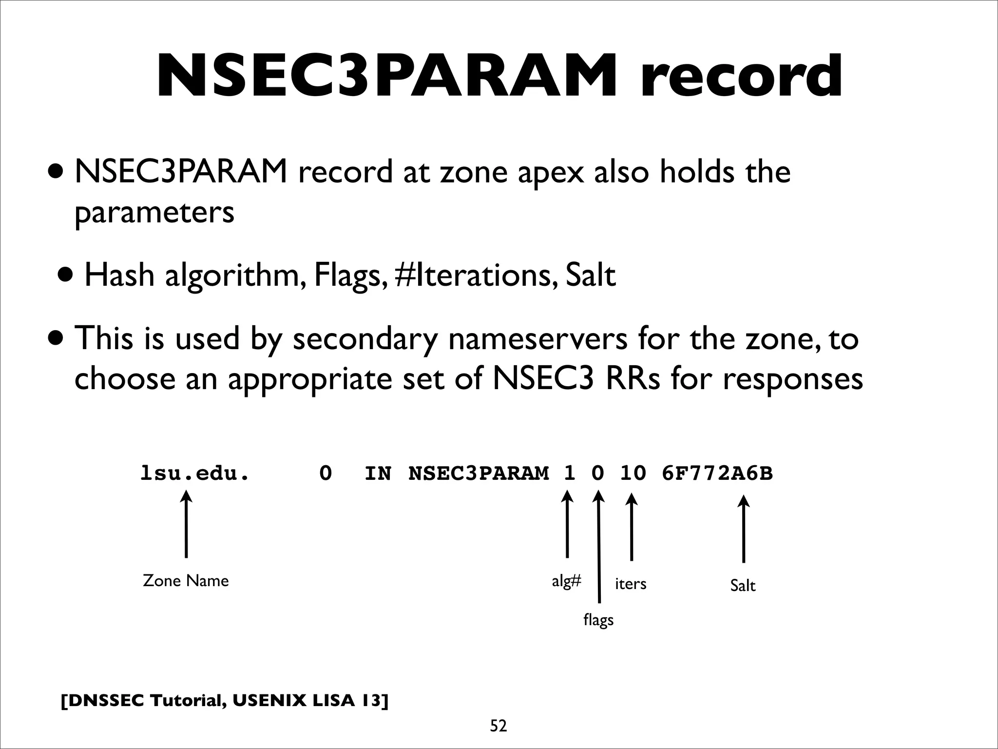[DNSSEC Tutorial, USENIX LISA 13]
NSEC3PARAM record
52
lsu.edu.! ! 0! IN! NSEC3PARAM 1 0 10 6F772A6B
•NSEC3PARAM record at zone apex also holds the
parameters
•Hash algorithm, Flags, #Iterations, Salt
•This is used by secondary nameservers for the zone, to
choose an appropriate set of NSEC3 RRs for responses
Zone Name alg#
ﬂags
iters Salt
 