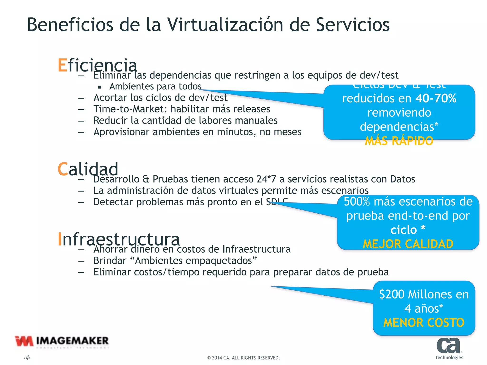 ‹#› © 2014 CA. ALL RIGHTS RESERVED.
Beneficios de la Virtualización de Servicios
Eficiencia– Eliminar las dependencias que restringen a los equipos de dev/test
▪ Ambientes para todos
– Acortar los ciclos de dev/test
– Time-to-Market: habilitar más releases
– Reducir la cantidad de labores manuales
– Aprovisionar ambientes en minutos, no meses
!
Calidad– Desarrollo & Pruebas tienen acceso 24*7 a servicios realistas con Datos
– La administración de datos virtuales permite más escenarios
– Detectar problemas más pronto en el SDLC
!
Infraestructura– Ahorrar dinero en costos de Infraestructura
– Brindar “Ambientes empaquetados”
– Eliminar costos/tiempo requerido para preparar datos de prueba
Ciclos Dev & Test
reducidos en 40-70%
removiendo
dependencias*
MÁS RÁPIDO
500% más escenarios de
prueba end-to-end por
ciclo *
MEJOR CALIDAD
$200 Millones en
4 años*
MENOR COSTO
 
