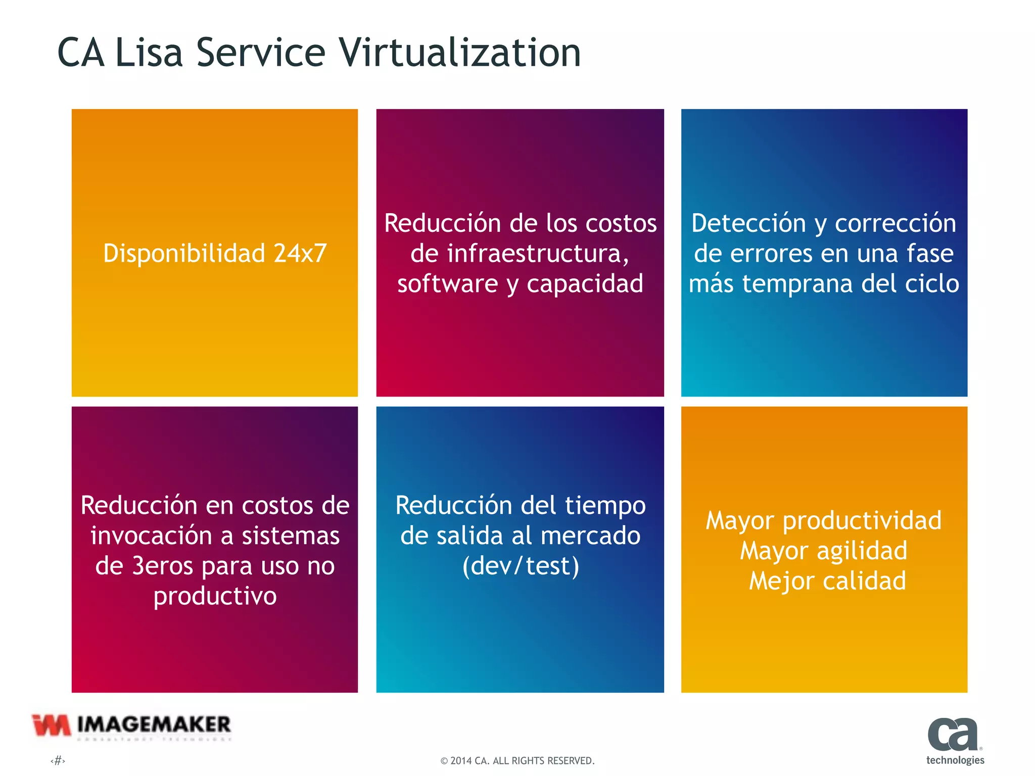 ‹#› © 2014 CA. ALL RIGHTS RESERVED.
CA Lisa Service Virtualization 
Disponibilidad 24x7
Reducción en costos de
invocación a sistemas
de 3eros para uso no
productivo
Reducción de los costos
de infraestructura,
software y capacidad
Reducción del tiempo
de salida al mercado
(dev/test)
Detección y corrección
de errores en una fase
más temprana del ciclo
Mayor productividad
Mayor agilidad
Mejor calidad
 