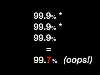 99.9% *
99.9% *
99.9%
   =
99.7% (oops!)
                16
 