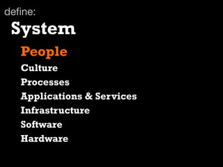 deﬁne:
 System
   People
   Culture
   Processes
   Applications & Services
   Infrastructure
   Software
   Hardware
 