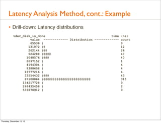 Latency Analysis Method, cont.: Example
       • Drill-down: Latency distributions
            vdev_disk_io_done                                  time (ns)
                     value ------------- Distribution ------------- count
                     65536 |                                        0
                    131072 |@                                       12
                    262144 |@@                                      26
                    524288 |@@@@                                    47
                   1048576 |@@@                                     40
                   2097152 |                                        1
                   4194304 |                                        4
                   8388608 |                                        4
                  16777216 |                                        4
                  33554432 |@@@                                     43
                  67108864 |@@@@@@@@@@@@@@@@@@@@@@@@@               315
                 134217728 |                                        0
                 268435456 |                                        2
                 536870912 |                                        0




Thursday, December 13, 12
 