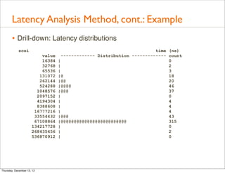 Latency Analysis Method, cont.: Example
       • Drill-down: Latency distributions
            scsi                                                        time (ns)
                          value     ------------- Distribution ------------- count
                          16384   |                                          0
                          32768   |                                          2
                          65536   |                                          3
                         131072   |@                                         18
                         262144   |@@                                        20
                         524288   |@@@@                                      46
                        1048576   |@@@                                       37
                        2097152   |                                          0
                        4194304   |                                          4
                        8388608   |                                          4
                       16777216   |                                          4
                       33554432   |@@@                                       43
                       67108864   |@@@@@@@@@@@@@@@@@@@@@@@@@                 315
                      134217728   |                                          0
                      268435456   |                                          2
                      536870912   |                                          0




Thursday, December 13, 12
 