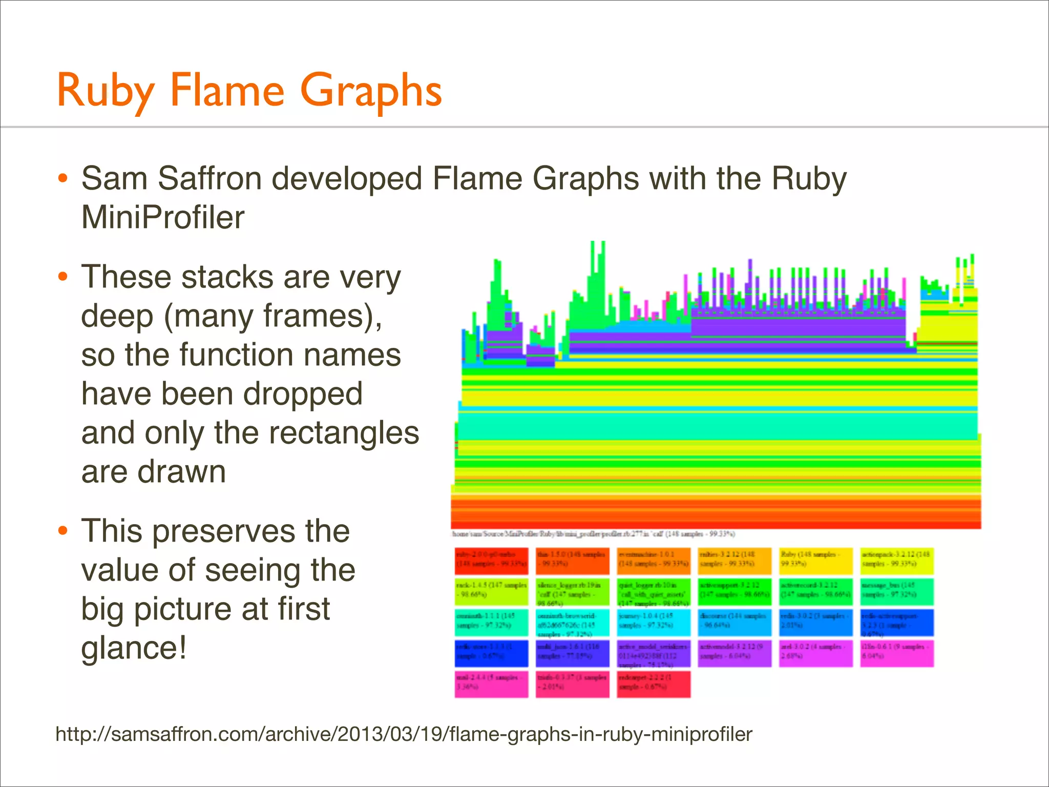 Ruby Flame Graphs
• Sam Saffron developed Flame Graphs with the Ruby
MiniProﬁler

• These stacks are very
deep (many frames),
so the function names
have been dropped
and only the rectangles
are drawn

• This preserves the
value of seeing the
big picture at ﬁrst
glance!
http://samsaﬀron.com/archive/2013/03/19/ﬂame-graphs-in-ruby-miniproﬁler

 