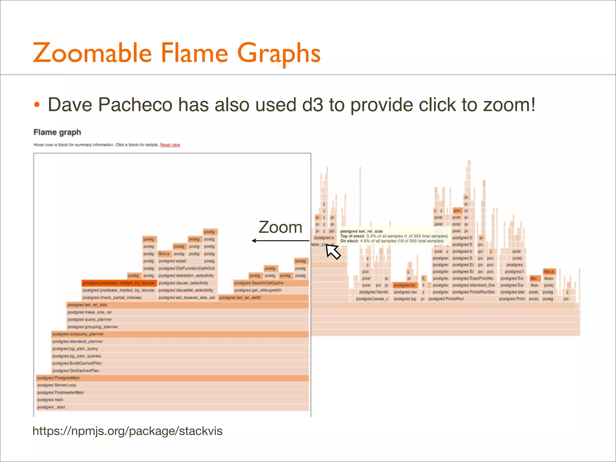 Zoomable Flame Graphs
• Dave Pacheco has also used d3 to provide click to zoom!

Zoom

https://npmjs.org/package/stackvis

 