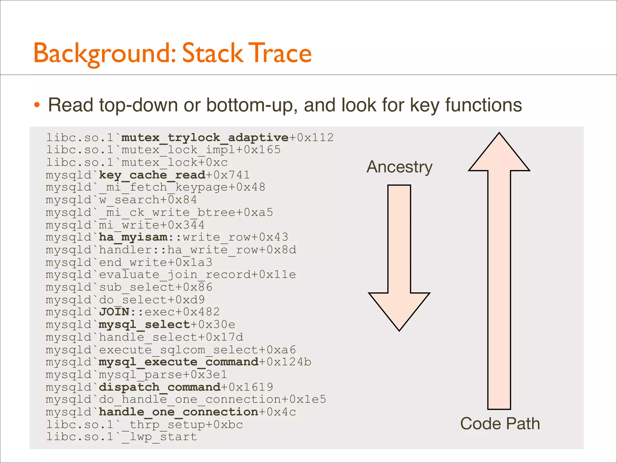 Background: Stack Trace
• Read top-down or bottom-up, and look for key functions
libc.so.1`mutex_trylock_adaptive+0x112
libc.so.1`mutex_lock_impl+0x165
libc.so.1`mutex_lock+0xc
mysqld`key_cache_read+0x741
mysqld`_mi_fetch_keypage+0x48
mysqld`w_search+0x84
mysqld`_mi_ck_write_btree+0xa5
mysqld`mi_write+0x344
mysqld`ha_myisam::write_row+0x43
mysqld`handler::ha_write_row+0x8d
mysqld`end_write+0x1a3
mysqld`evaluate_join_record+0x11e
mysqld`sub_select+0x86
mysqld`do_select+0xd9
mysqld`JOIN::exec+0x482
mysqld`mysql_select+0x30e
mysqld`handle_select+0x17d
mysqld`execute_sqlcom_select+0xa6
mysqld`mysql_execute_command+0x124b
mysqld`mysql_parse+0x3e1
mysqld`dispatch_command+0x1619
mysqld`do_handle_one_connection+0x1e5
mysqld`handle_one_connection+0x4c
libc.so.1`_thrp_setup+0xbc
libc.so.1`_lwp_start

Ancestry

Code Path

 