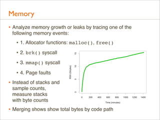 Memory
• Analyze memory growth or leaks by tracing one of the
following memory events:

• 1. Allocator functions: malloc(), free()
• 2. brk() syscall
• 3. mmap() syscall
• 4. Page faults
• Instead of stacks and
sample counts,
measure stacks
with byte counts

• Merging shows show total bytes by code path

 