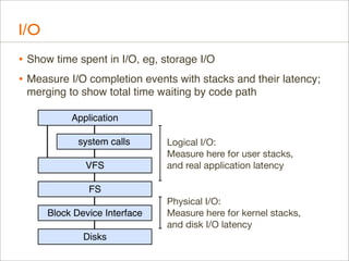 I/O
• Show time spent in I/O, eg, storage I/O
• Measure I/O completion events with stacks and their latency;
merging to show total time waiting by code path
Application
system calls
VFS

Logical I/O:
Measure here for user stacks,
and real application latency

FS
Block Device Interface
Disks

Physical I/O:
Measure here for kernel stacks,
and disk I/O latency

 