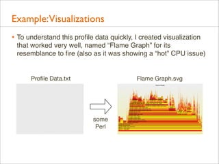 Example:Visualizations
• To understand this proﬁle data quickly, I created visualization
that worked very well, named “Flame Graph” for its
resemblance to ﬁre (also as it was showing a “hot” CPU issue)

Proﬁle Data.txt

Flame Graph.svg

some
Perl

 