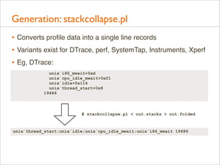 Generation: stackcollapse.pl
• Converts proﬁle data into a single line records
• Variants exist for DTrace, perf, SystemTap, Instruments, Xperf
• Eg, DTrace:
unix`i86_mwait+0xd
unix`cpu_idle_mwait+0xf1
unix`idle+0x114
unix`thread_start+0x8
19486

# stackcollapse.pl < out.stacks > out.folded

unix`thread_start;unix`idle;unix`cpu_idle_mwait;unix`i86_mwait 19486

 