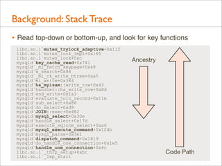 Background: Stack Trace
• Read top-down or bottom-up, and look for key functions
libc.so.1`mutex_trylock_adaptive+0x112
li...