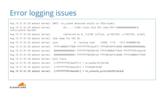 Error logging issues
Aug 15 21:51:35 myhost kernel: INFO: rcu_sched detected stalls on CPUs/tasks:
Aug 15 21:51:35 myhost kernel: 26-...: (1881 ticks this GP) idle=76f/140000000000000/0
softirq=8/8 fqs=365
Aug 15 21:51:35 myhost kernel: (detected by 0, t=2102 jiffies, g=1837293, c=1837292, q=262)
Aug 15 21:51:35 myhost kernel: Task dump for CPU 26:
Aug 15 21:51:35 myhost kernel: java R running task 13488 1714 1513 0x00080188
Aug 15 21:51:35 myhost kernel: ffffc9000d1f7898 ffffffff814ee977 ffff88103f410400 000000000000000a
Aug 15 21:51:35 myhost kernel: 0000000000000041 ffffffff82203142 ffffc9000d1f78c0 ffffffff814eea10
Aug 15 21:51:35 myhost kernel: 0000000000000041 ffffffff82203142 ffff88103f410400 ffffc9000d1f7920
Aug 15 21:51:35 myhost kernel: Call Trace:
Aug 15 21:51:35 myhost kernel: [<ffffffff814ee977>] ? scrup+0x147/0x160
Aug 15 21:51:35 myhost kernel: [<ffffffff814eea10>] ? lf+0x80/0x90
Aug 15 21:51:35 myhost kernel: [<ffffffff814eecb5>] ? vt_console_print+0x295/0x3c0
 