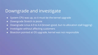 Downgrade and investigate
● System CPU was up, so it must be the kernel upgrade
● Downgrade Stretch to Jessie
● Downgrade Linux 4.9 to 4.4 (known good, but no allocation stall logging)
● Investigate without affecting customers
● Bisection pointed at OS upgrade, kernel was not responsible
 